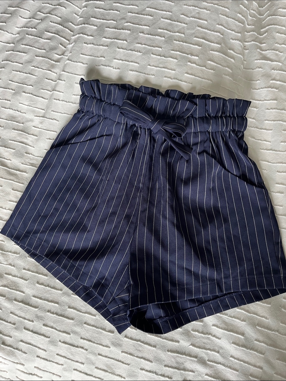 She + Sky Navy Pinstripe High-Waist Paperbag Shorts with Tie